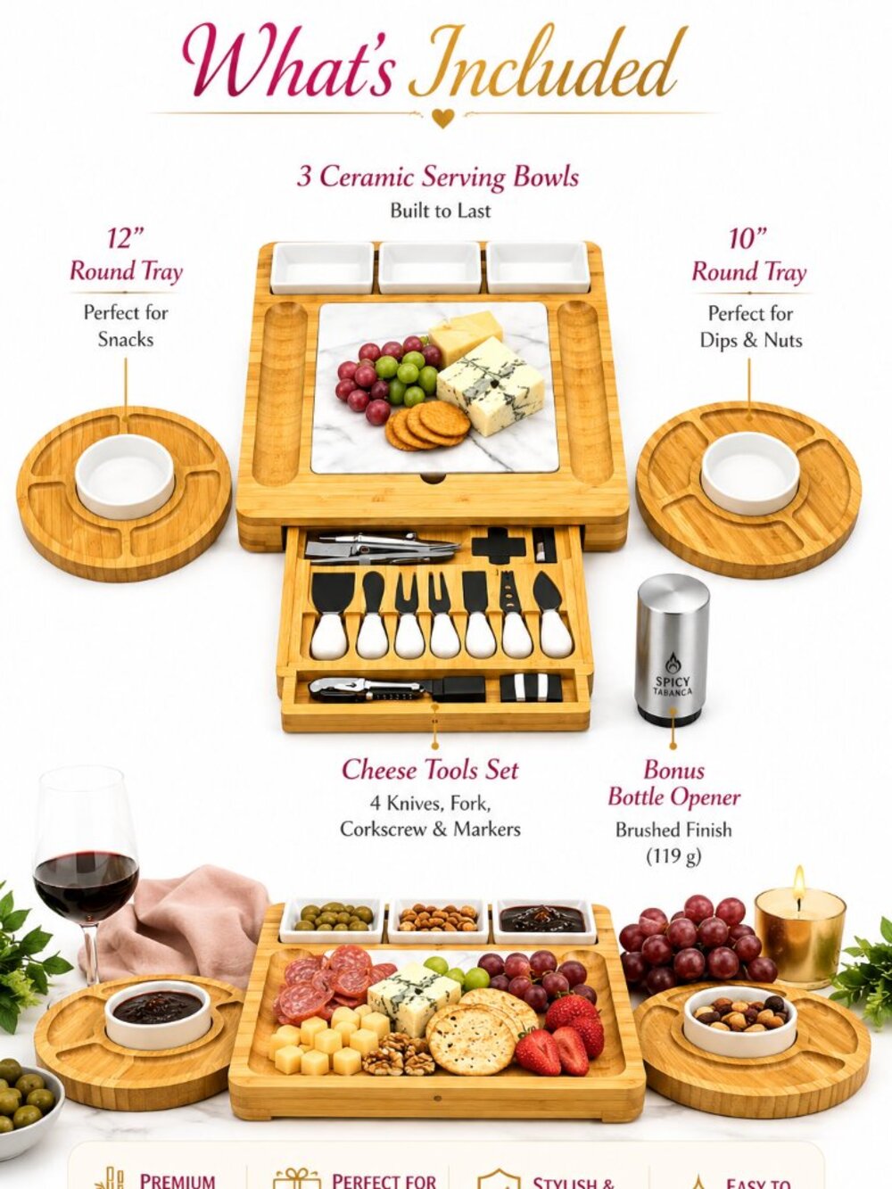 Charcuterie Bamboo Cheese Board Set - Bonus Bottle opener - NWT - Picture 2 of 13